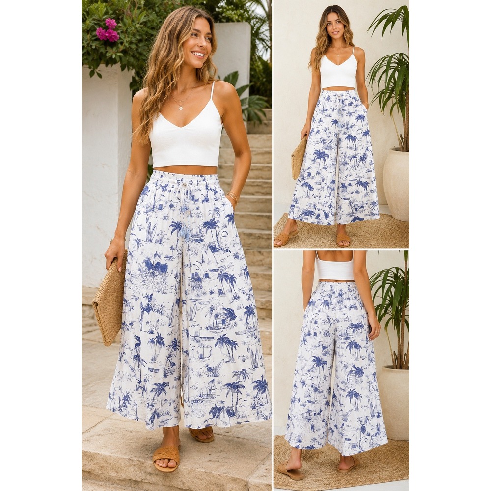 True Destinations Pants Wide Leg Tropical Beach‎ Toile Blue White Boho Medium